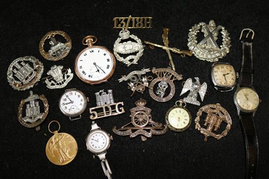 Pocket watch, military badges and watches